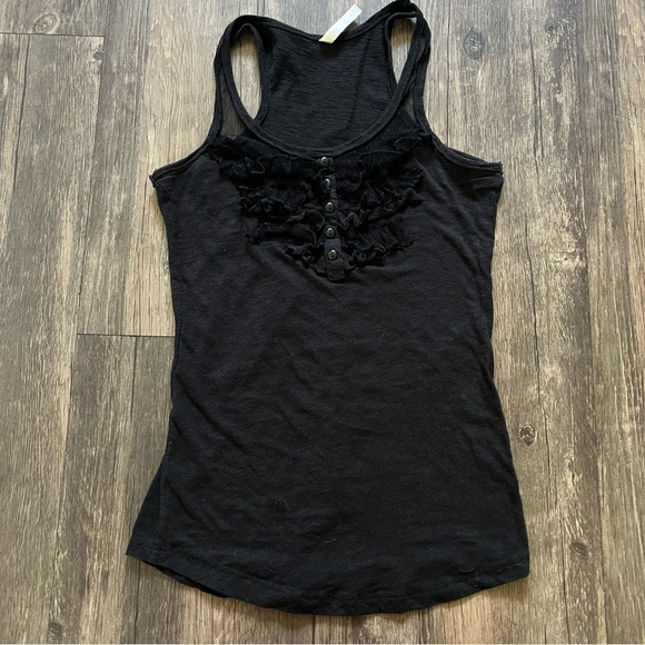 Color Story Black Sleeveless Ruffled Buttoned Round Neck Fitted Tank Top Shirt S - Picture 7 of 10